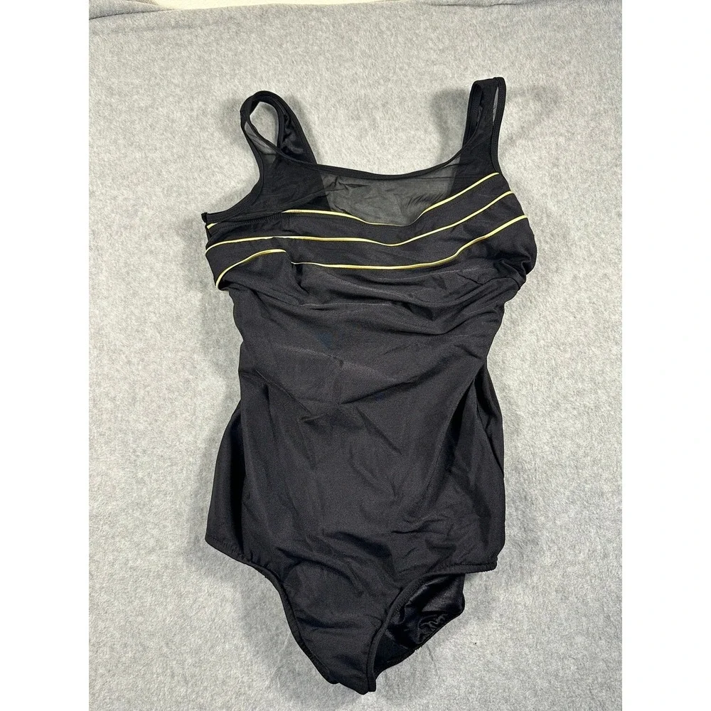 Slim Allure Womens 20W One Piece Swimsuit Black Gold Piping Mesh Ruched Vintage